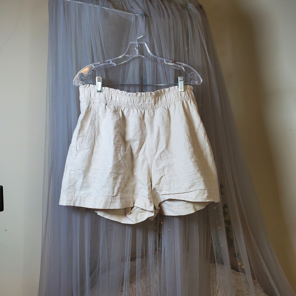 Clean Girl Linen Cotton Blend Shorts Wide Leg Oatmeal Granola Beige Size L Vaca